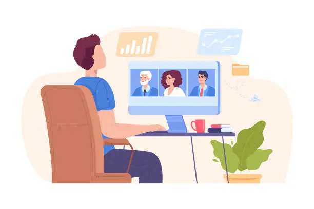 Vector illustration of Man on video call with coworkers vector illustration