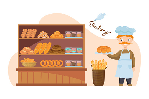 Baker presenting fresh treats and delights vector illustration. Tasty bread, donuts, muffins, croissants, baguettes and pastries on shelves. Bakery, food, culinary concept