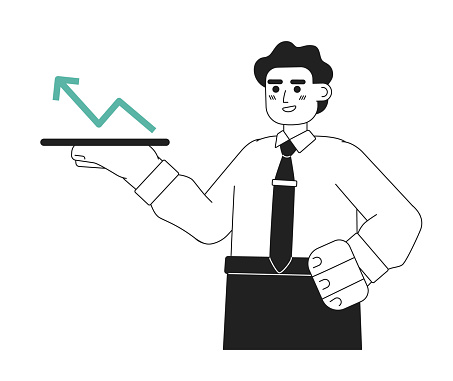 Happy successful man flat line black white vector character. Editable half body investor show profit arrow diagram. Simple cartoon isolated spot illustration for web graphic design