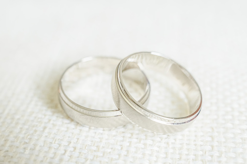 two identical wedding rings on white background
