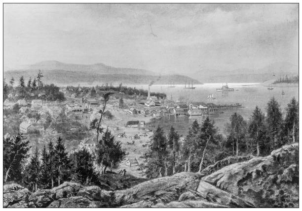 Antique image from British magazine: Esquimalt Harbour, Vancouver Island, British Columbia
