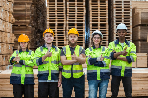 istock Team engineering worker technician, workshop manufacturing wooden, Teamwork in wood warehouse industry factory. Group professional technician industrial of wood. 1648189127