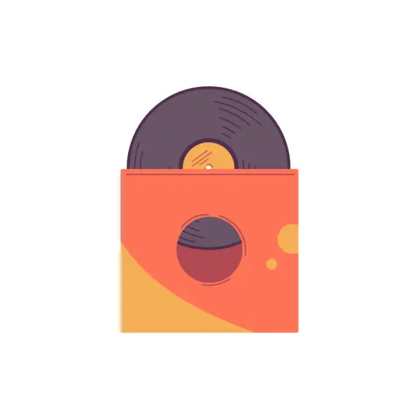 Vector illustration of Vinyl record in paper packaging, flat vector illustration isolated on white background. Concept of old and retro music. Phonograph or gramophone record.