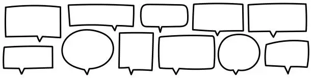 Vector illustration of Line speech bubbles and text balloons in cartoon style. Handwriting sketches and doodles create cloud icons for speech, text, and dialogue. Flat vector illustration isolated on white background