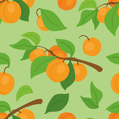 A delightful seamless vector pattern featuring ripe peaches, lush green leaves on a light green backdrop. Natures charm in every repeat.