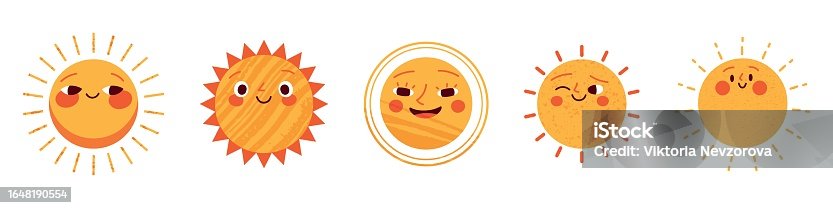 istock Sun character, cute and smiling, sunny summer. Childish cartoon sticker, hand drawn face, children's doodles. Flat vector illustrations isolated in background. 1648190554
