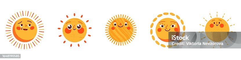 istock Sun character, cute and smiling, sunny summer. Childish cartoon sticker, hand drawn face, children's doodles. Flat vector illustrations isolated in background. 1648190585
