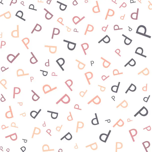 Vector illustration of Seamless abstract P letter vector geometric pattern. Colorful letters on white background. Random order. Gift wrapping paper, fabric, poster. Bed linen and interior. School and learning theme.