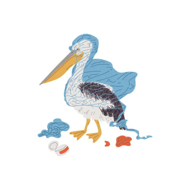 Vector illustration of Pelican bird in plastic bag flat style, vector illustration