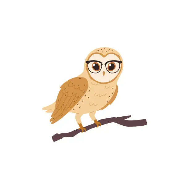 Vector illustration of Smart owl wearing glasses, cartoon flat vector illustration isolated on white background. Bird sitting on branch. Wild animal drawing. owl as symbol of education.