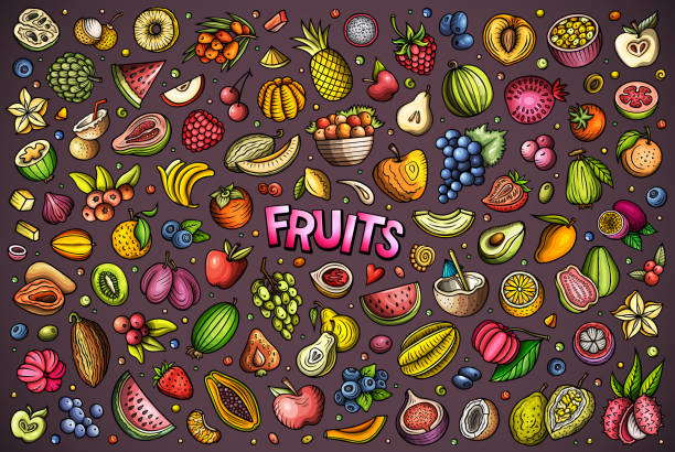 ilustraciones, imágenes clip art, dibujos animados e iconos de stock de cartoon fresh fruits objetos y símbolos doodle set - plum grape fruit clip art