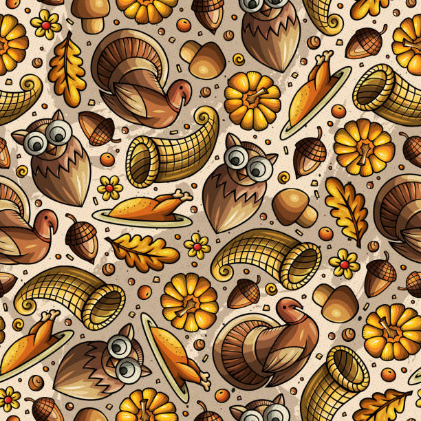 만화 귀여운 손으로 추수 감사절 원활한 패턴을 그렸습니다. - cornucopia november pumpkin leaf stock illustrations