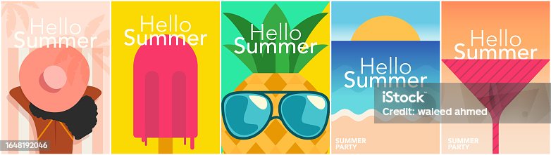 istock Summer poster, woman, ice pop, pineapple, beach, glass  . Set of vector illustrations. Abstract vector background patterns. Perfect background for posters, cover art, flyer, banner. 1648192046