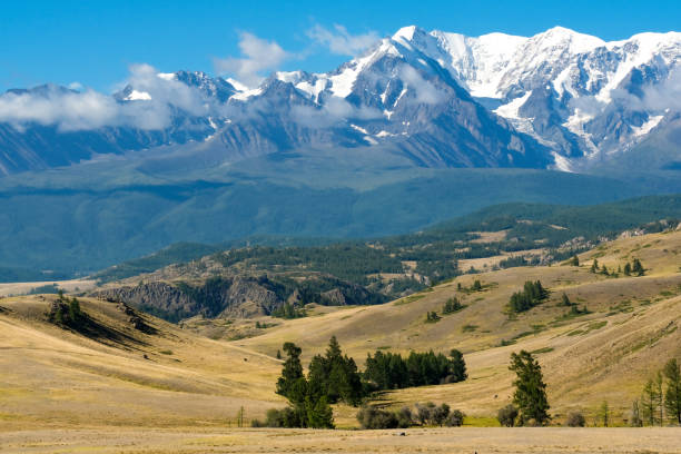 istock Scenic view from sunlight grassy hill with road to high mountain range. Beautiful sunny mountain landscape with large snow peak mountains. Road trip to Altai. 1648192625