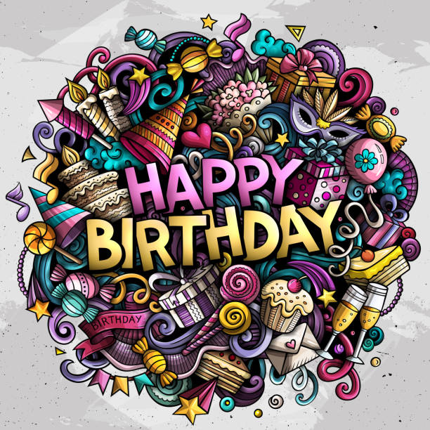 Birthday cartoon doodles illustration. Cartoon vector Happy Birthday doodle illustration features a variety of Holiday objects and symbols. Bright colors whimsical funny picture. happy birthday hand lettering clip art stock illustrations