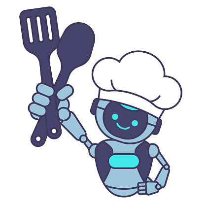 istock Robot chef holding spatula and spoon. Robot chef mascot 1648195570