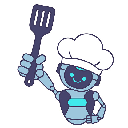 istock Robot chef holding spatula vector illustration. Robot chef mascot illustration design 1648195583