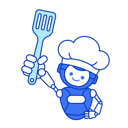 istock Robot chef holding spatula vector illustration. Robot chef mascot illustration design 1648196166