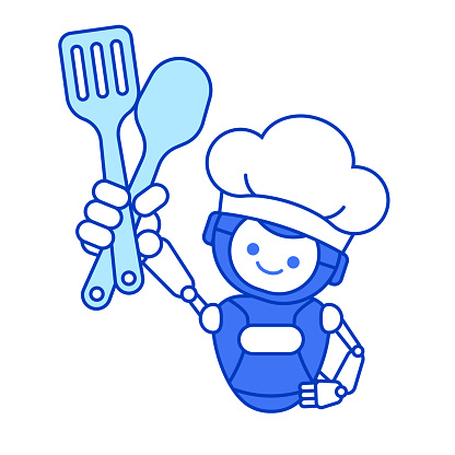 istock Robot chef holding spatula and spoon. Robot chef mascot 1648196213