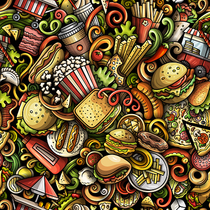 Cartoon doodle seamless pattern features a variety of Fastfood objects and symbols. Whimsical playful Junk food colorful background for print on fabric, greeting cards, scarves, wallpaper and other