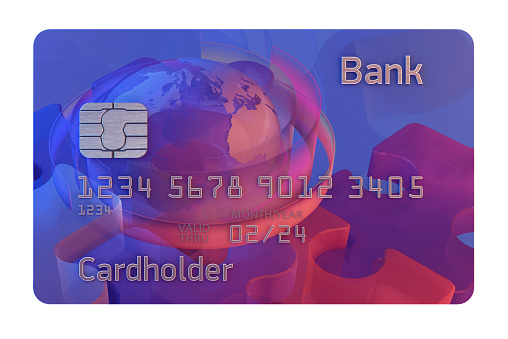 Realistic detailed credit card isolated on white background. Sale, buying, online shopping, savings clip art image. Business market, trading, payments, financial crisis. Finance, banking, e-commerce 3D illustration