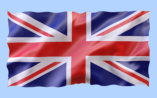 Official national Great Britain Flag, waving in the wind. 3D illustration of United Kingdom flag, Union Jack silk satin texture, isolated on abstract sky background. UK english symbol design element