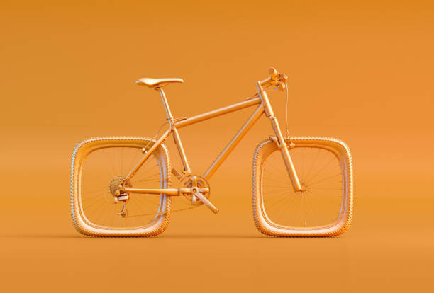 Bike with square wheels isolated on orange background. Problem solving, creativity, complicated solution, business efficiency, complexity, difficulty, troubles 3D concept illustration poster design