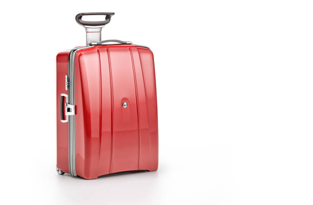 istock Red stylish traveler suitcase isolated on white background. 1648200592