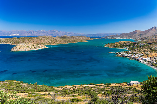 Spinalonga island, Plaka and Elounda on the Greek island of Crete in the Aegean Sea