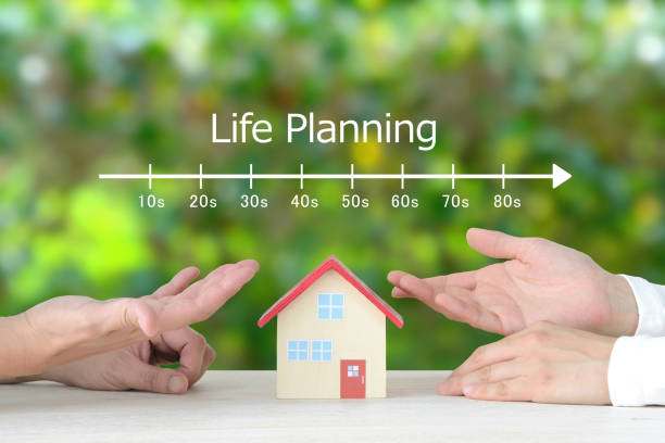 Couple's hands and house object with life planning indication bar