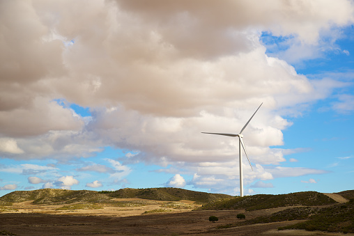 Wind turbine for electric power production, Zaragoza province, Aragon in Spain.