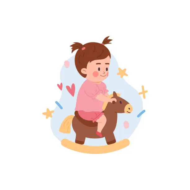 Vector illustration of Little baby girl riding on toy horse, cartoon flat vector illustration isolated on white background. Children toys concept. Cute toddler playing.