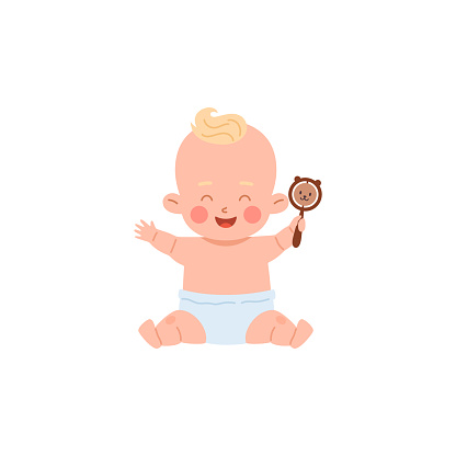 Baby in diaper sitting and playing with rattle toy flat vector illustration isolated on white background. Happy smiling child toddler plays with toys.