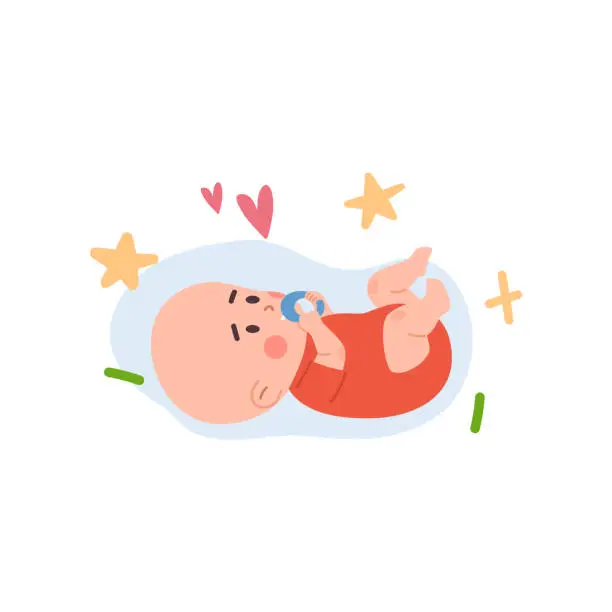 Vector illustration of Baby gnaws on a teething toy ring lies on its back, flat vector isolated.