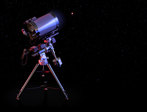Telescope system: optical tube assembly, equatorial mount tripod. Telescope for explore solar system planets, deep sky objects: galaxies, nebulae, star clusters. Astronomy and astrophysics science, cosmos, universe 3D mixed media illustration