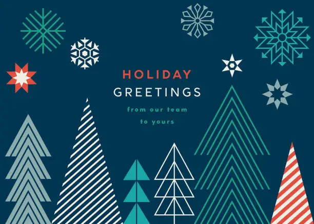 Vector illustration of Holiday Card with Geometric Christmas Trees and Snowflakes