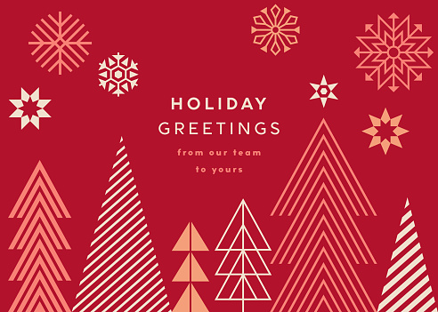 Christmas, Holiday card with stylized trees and snowflakes. Scandinavian style Holiday background with geometric snowflakes and Christmas trees. Vector illustration concepts for graphic and web design, social media banner, marketing material.