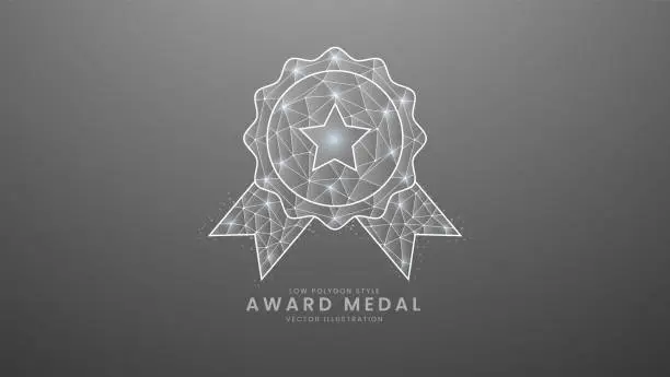Vector illustration of Metallic gradient ward medal with ribbon. Champion and winner awards medal, Modern digital low polygon style