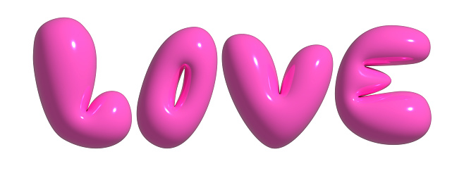 3D rendering of balloon letters with pink love word on white background. Clipping path included in file.