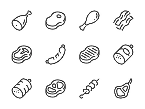 Meat and Steak vector line icons. Beef sausage, Ham, Bacon and Barbecue outline icon set.