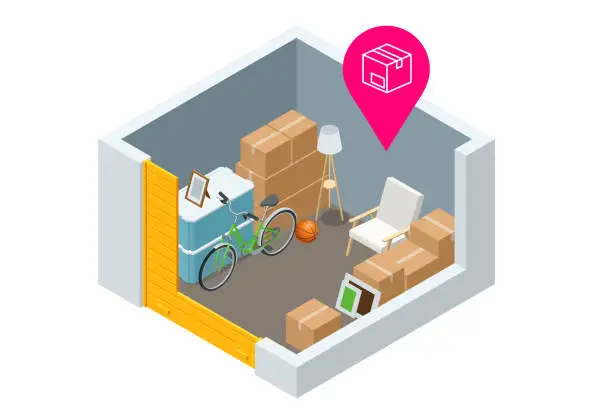 Vector illustration of Isometric interior of a modern storage room for a warehouse of home appliances, lamps, armchairs, boxes, bicycles and other things. Warehouse of household items and interior elements.