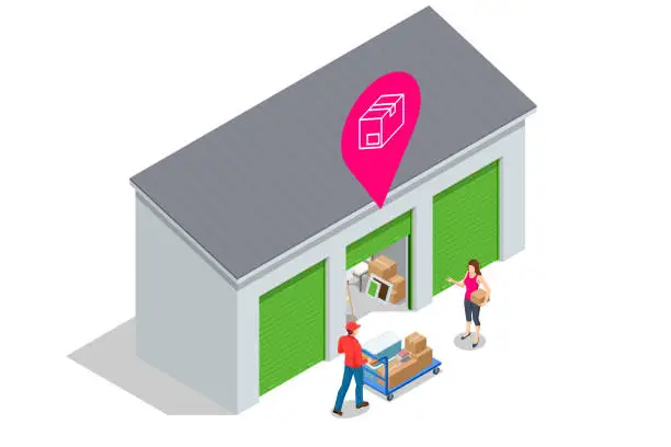 Vector illustration of Isometric exterior of a modern storage room for a warehouse of home appliances, lamps, armchairs, boxes, bicycles and other things. Warehouse of household items and interior elements.