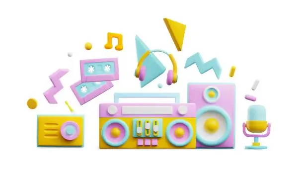Vector illustration of Retro 3D music listening and recording devices, vector boom box, cassette recorder, radio, headphones, microphone, party