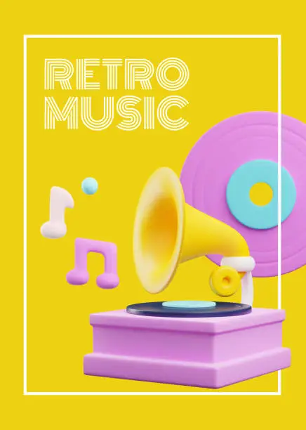 Vector illustration of Gramophone player, retro music poster in cute 3d style, vector illustration. Colorful phonograph playing vinyl. Nostalgia concept.