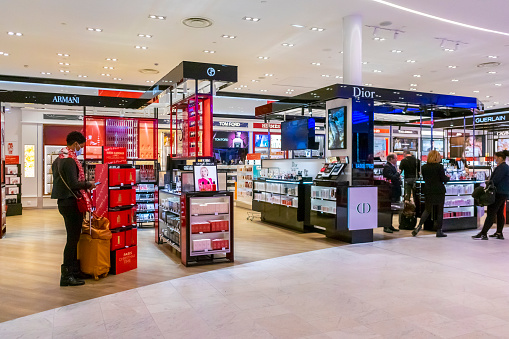 Paris-Orly, France, Nov. 9, 2021, People Shipping, Orly International Airport, Tax-Free Shops, inside Hall, French Perfumes Shop on Sale