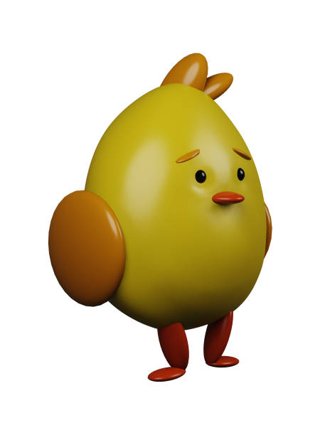 3D illustration render yellow character chick chicken with orange wings on transparent background
