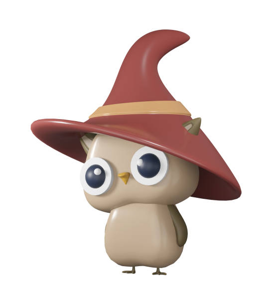 3D illustration render character bird beige owl in brown hat on transparent background