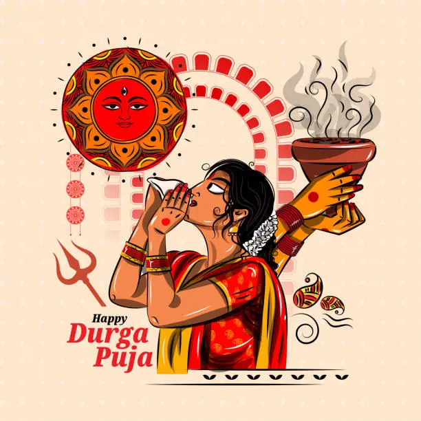 Vector illustration of Bengali lady blowing a conch shell during durga puja at a Durga Puja celebrations  Pandal