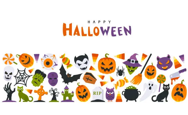 Vector illustration of Happy Halloween banner. Halloween seamless pattern.