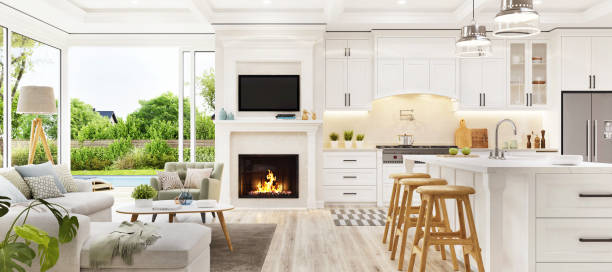 Open plan living room with white kitchen stock photo